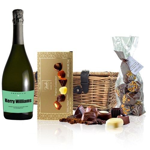 Personalised Prosecco - Green Label And Chocolates Hamper